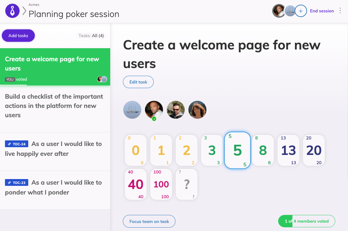 Planning poker meeting interface with tasks displayed in the list and a few votes casted on the selected planning poker task in the center. The button to Show results is half full, meaning more people need to cast their votes.