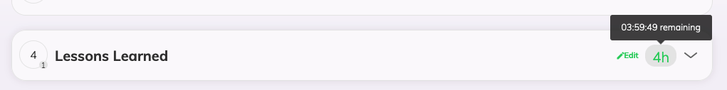 An agenda meeting topic card contracted with a timer set for 4 hours. There is a badge displaying 4h and a tooltip over showing the exact remaining time.