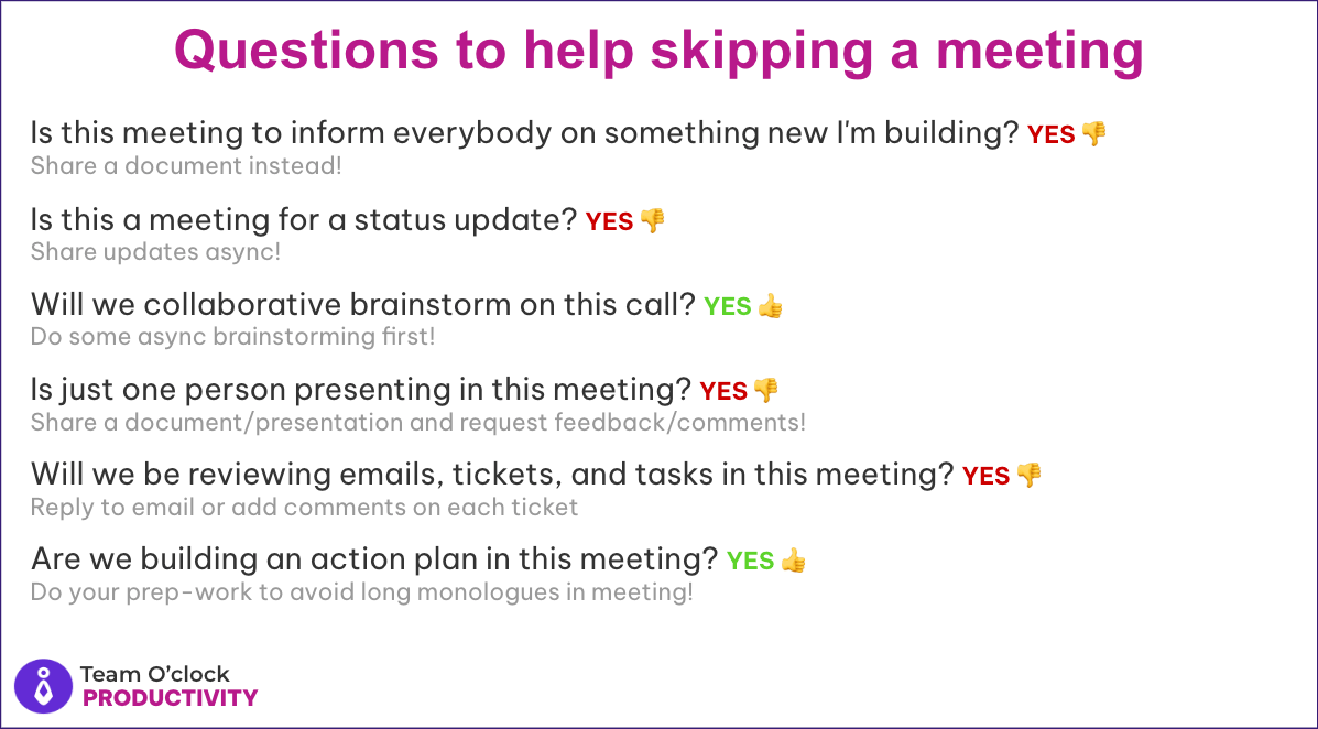 A set of 6 questions to  answer before having a meeting. If status update, single person presentation avoid meeting. If collaboration, decisions, or actions are decided then have a meeting.
