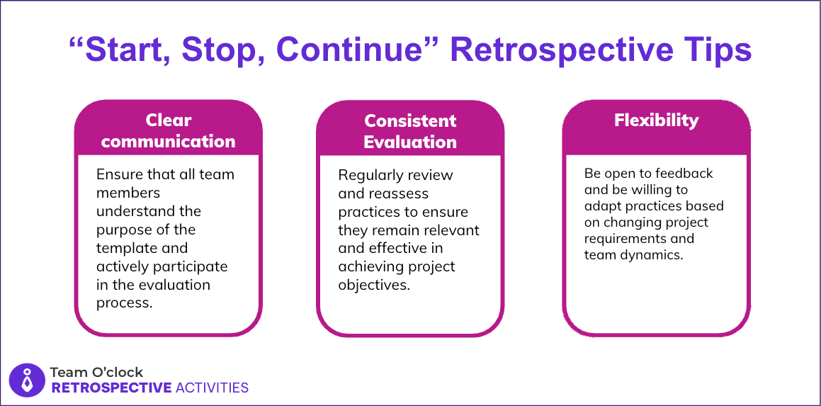Tips for the Start,Stop,Continue template that are Clear Communication, Consistent Evaluation, Flexibility