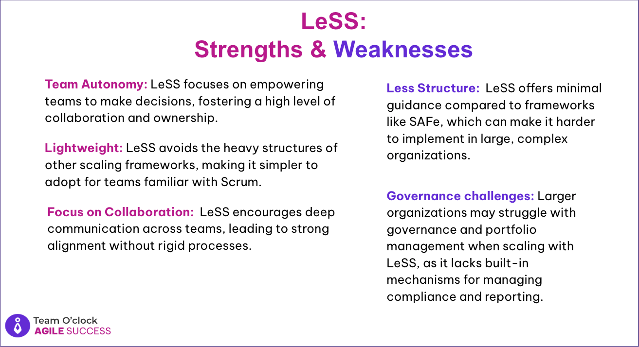 LeSS strengths of: Team autonomy, lightweight, focus on collaboration. LeSS weaknesses of: less structure, governance alliance