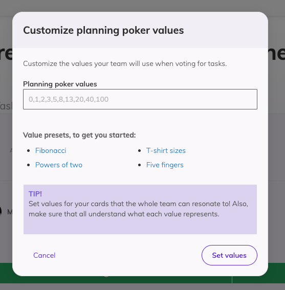 The planning poker meeting modal to set vote values, holding defaults for Fibonacci, T-Shirt sizes, Power of two and Five Fingers. There is an input too for adding custom vote values