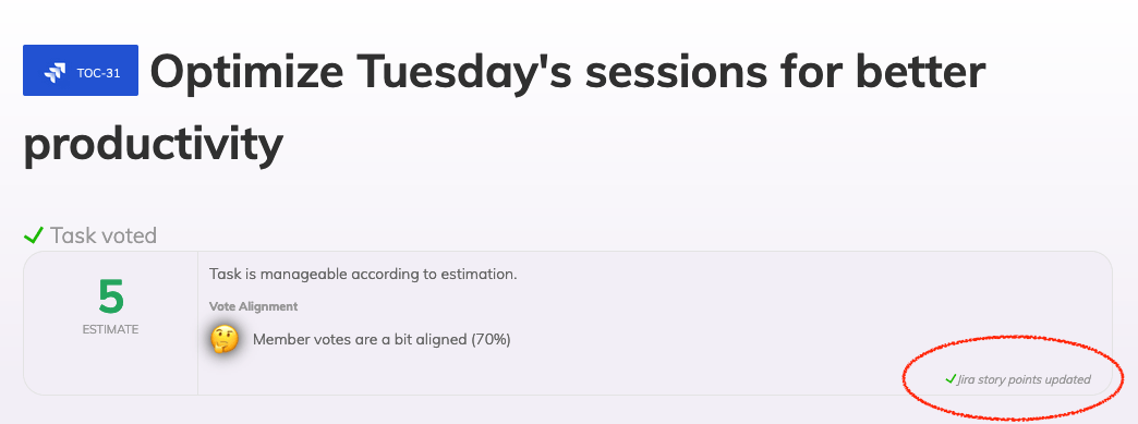 View of a voted task in planning poker, there is a checkmark and a text informing that Jira story points are updated