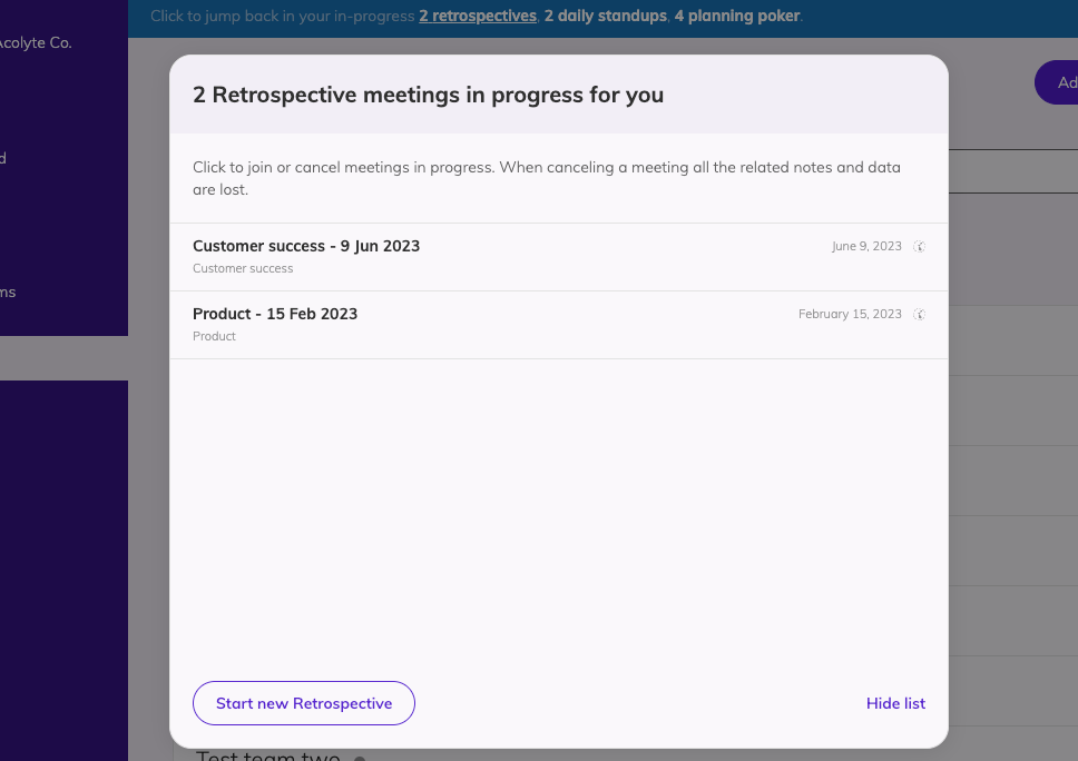 Modal showing the Retrospective active meetings for a specific user. Meetings are displayed in a list.