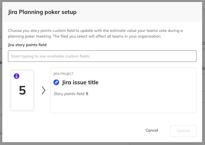 Jira integration settings popup to setup the story points field