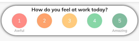 Mood pulse in Team O'clock, showing 5 values from 1 to 5 with 1 being Awful and 5 being Amazing