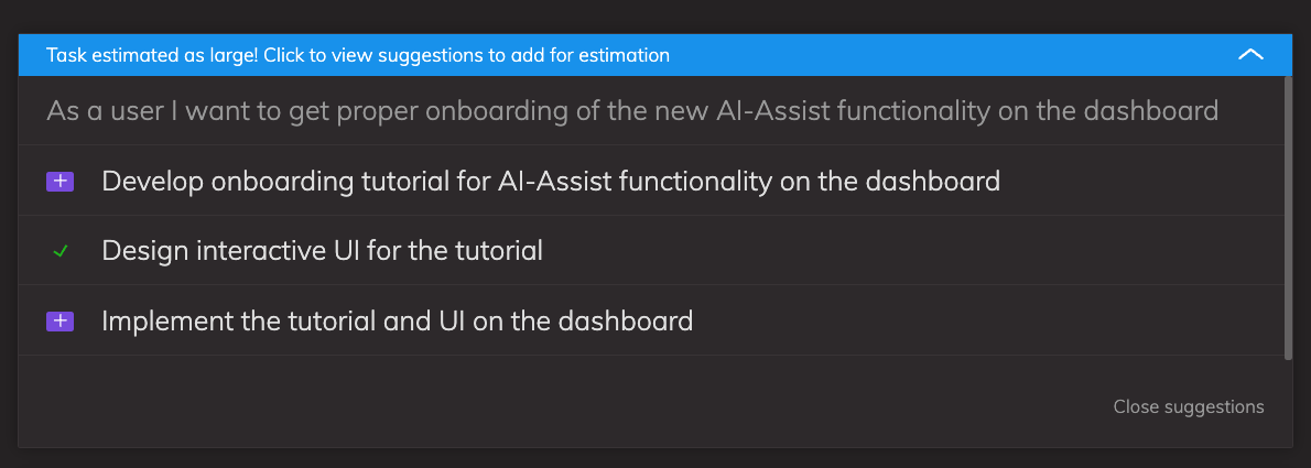 Showing some AI-Assist suggested task items for breakdown on the Team O'clock Planning poker meeting interface
