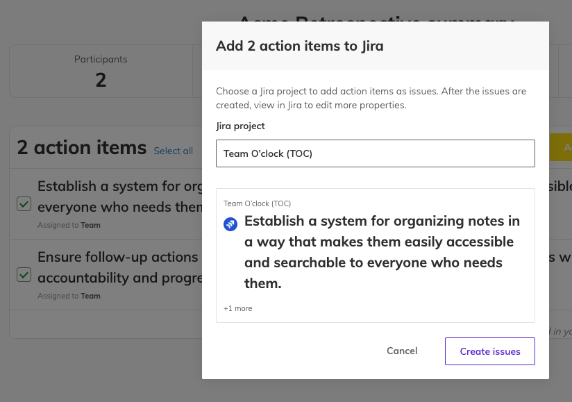 A modal to link an action item to Jira showing the Jira project to create the ticket to and a preview of the ticket title matching the action item title