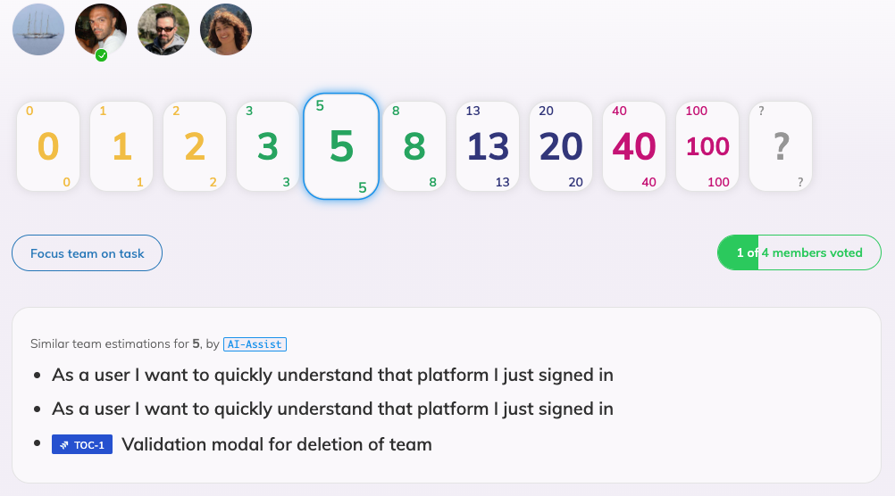 A task voted with 5 by the user in Planning poker meeting, and a list of tasks having similar votes by the user that is provided by AI-Assist