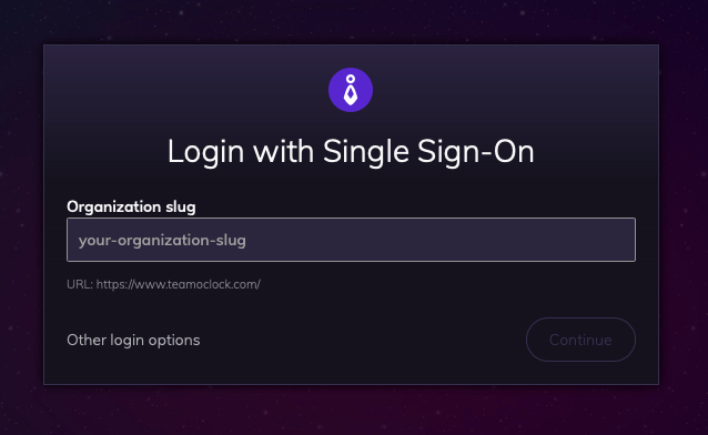 Login with Single Sign-On screen with an input to type the organization slug