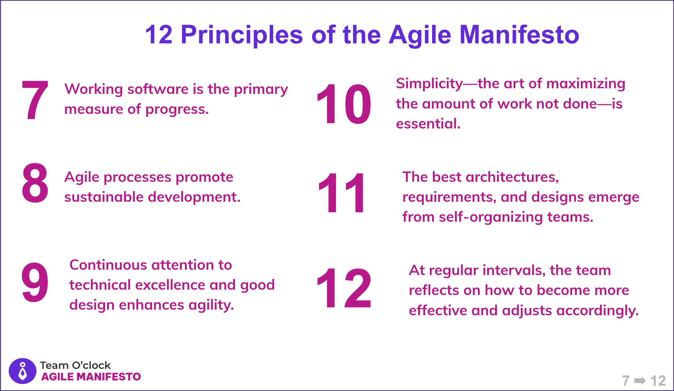 Agile manifesto principles 7 to 12, talking about: Working software as primary measure, Maintain a sustainable pace, Attention to technical excellence, Simplicity is essential, Self-organizing teams, Regular reflection and adjustment