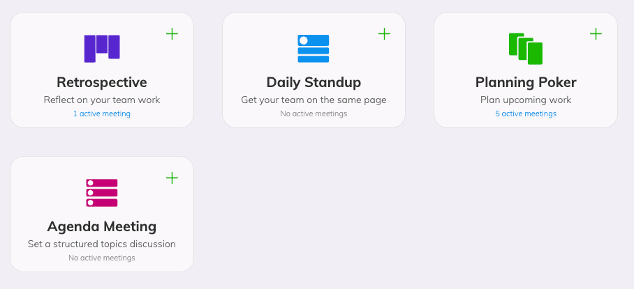 Interface of Team O'clock meeting types showing a card for each of: Retrospective, Daily Standup, Planning Poker, and Agenda