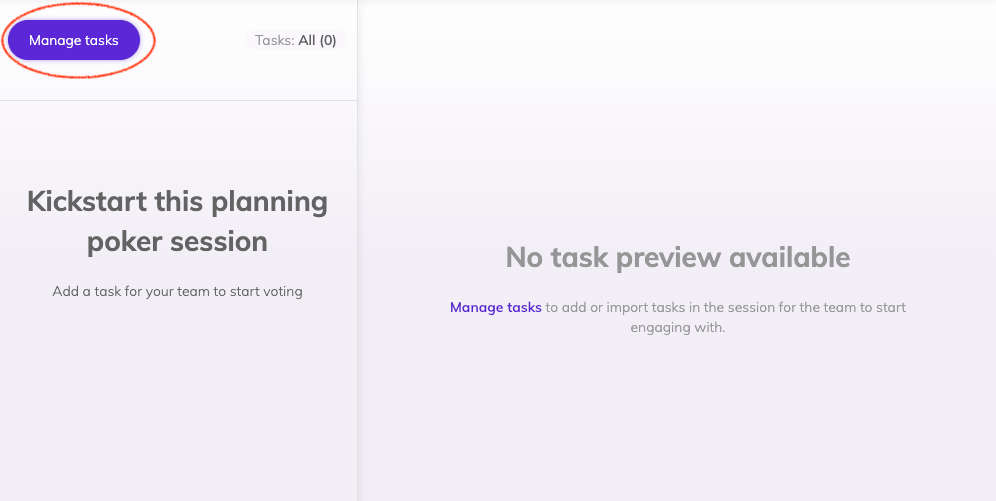 The planning poker meeting page view with a circle highlighting the button to 'Manage tasks'