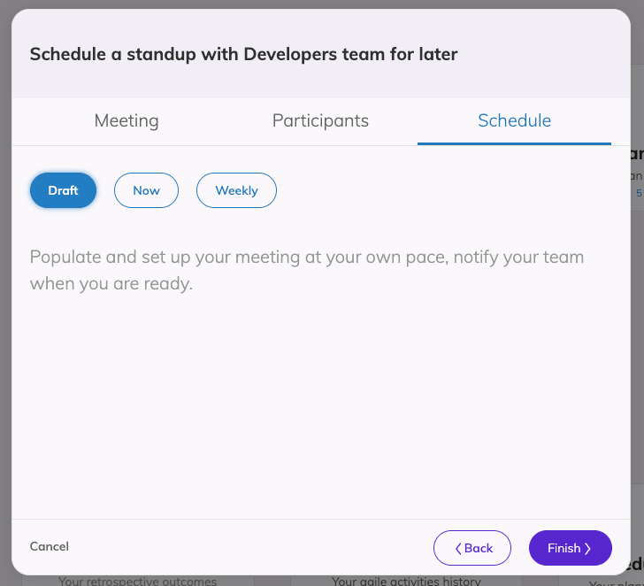 The meeting wizard modal on the Schedule tab and 'Draft' option selected