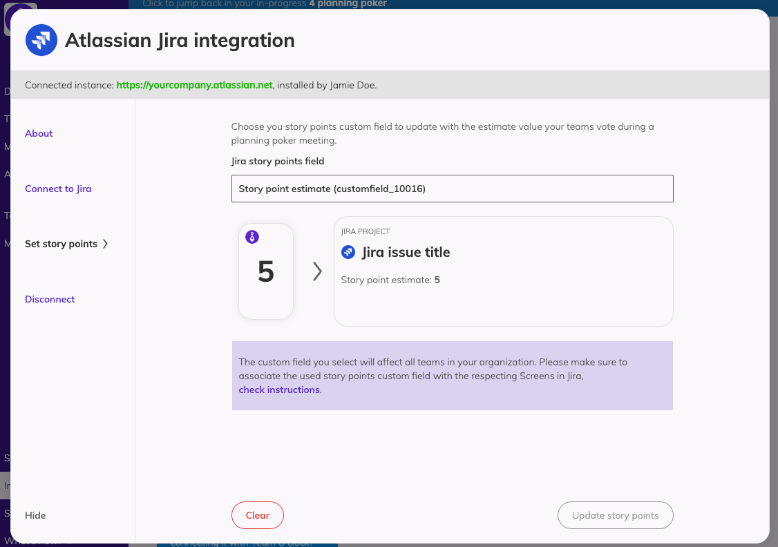 Jira integration modal with Set story points selected. There is a input field to add the Jira story points field and a visual representation of how the voted value in Team O'clock will be transferred to Jira ticket