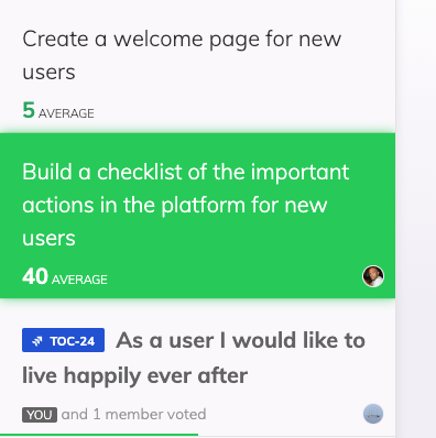 The tasks list view, showing three tasks, two of which are voted, one is selected and highlighted with one member avatar on it, and the third one displays votes text, votes progress and a different member avatar that is previewing it