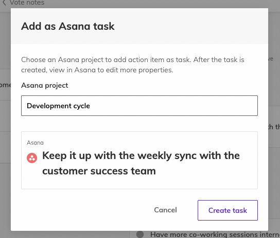 Modal to add an action item as Asana task. An input for the Asana project selection is visible and a preview of the created Asana task with the task's title