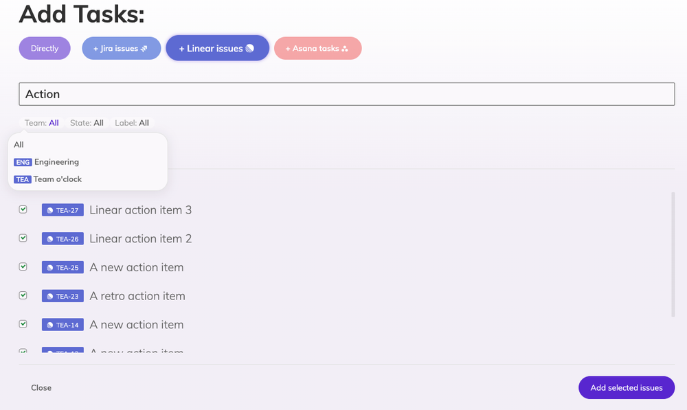 Linear issues tab selected in Add Tasks with some filters visible for teams and a populated list of results in the Addition list. Each Linear issue in the list has a selected checkbox. At the bottom of the screen is an active 