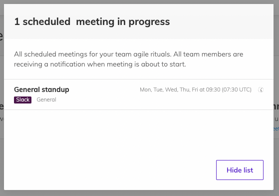 View of the modal for scheduled meetings with one scheduled meeting having a slack tag to denote that this was scheduled through Slack