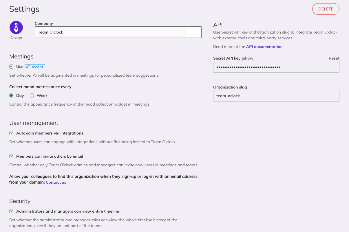 Settings of an organization with options for Company name, use of AI-Assist, mood metrics collection, auto-join for integrations, allow members to invite others, visibility to all timeline for admins and managers, and API key for the organization