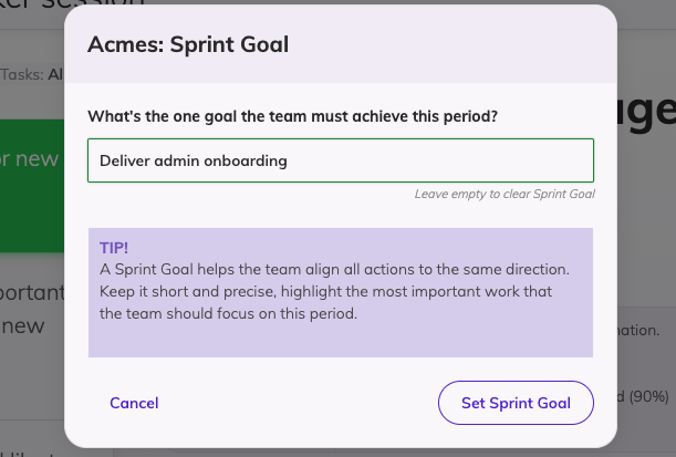 The modal to set the Sprint Goal