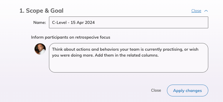 The scope and goal step of the retrospective with two inputs for editing the name and focus of the retrospective meeting