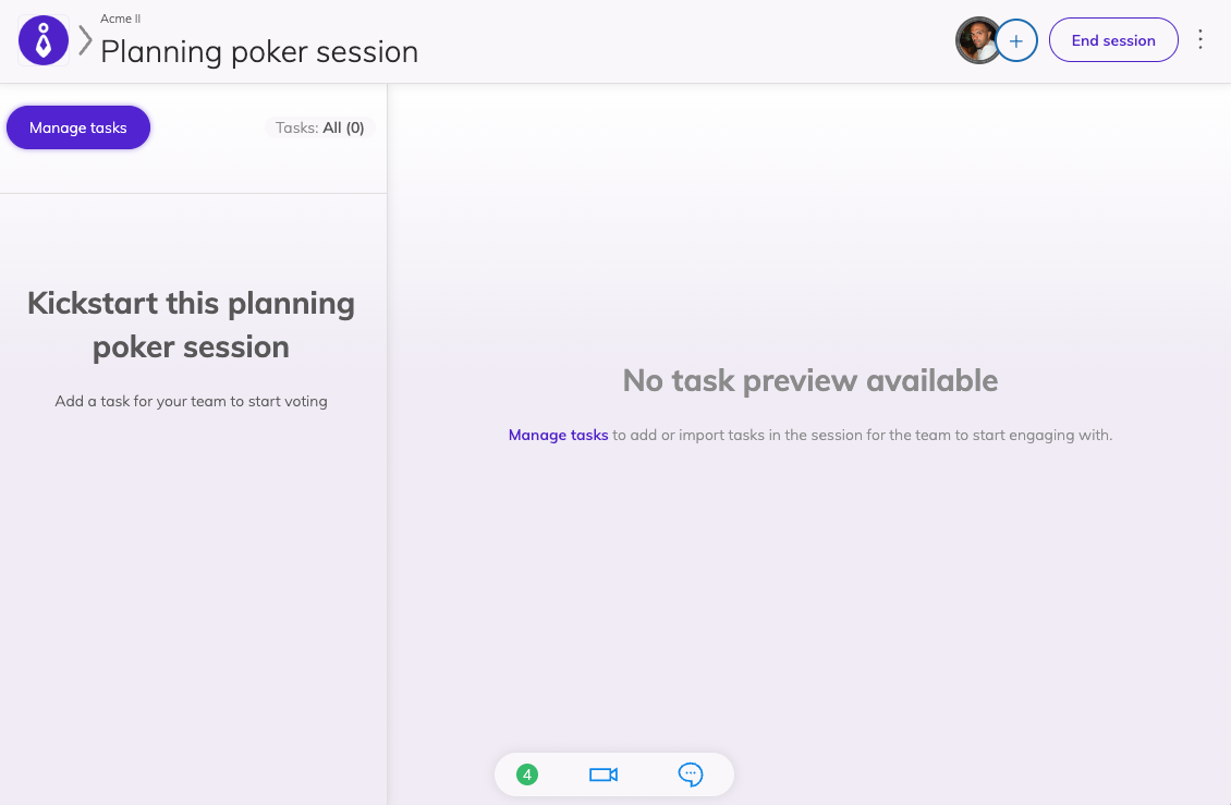 The planning poker meeting page with an empty tasks lists and a visible button to populate with tasks