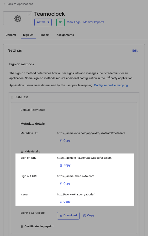 OKTA view of the Teamoclock sign on settings interface. Highlighted are the Sign on URL, Sign out URL, and Issuer.