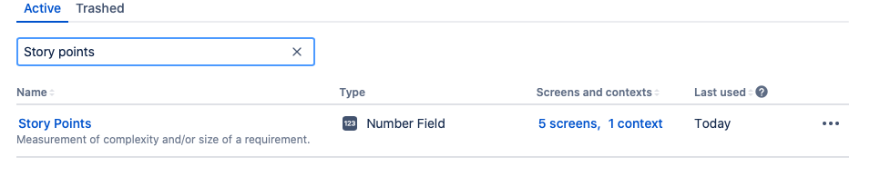 Jira settings view of Active custom fields, search input has Story Points in it and one list item is visible