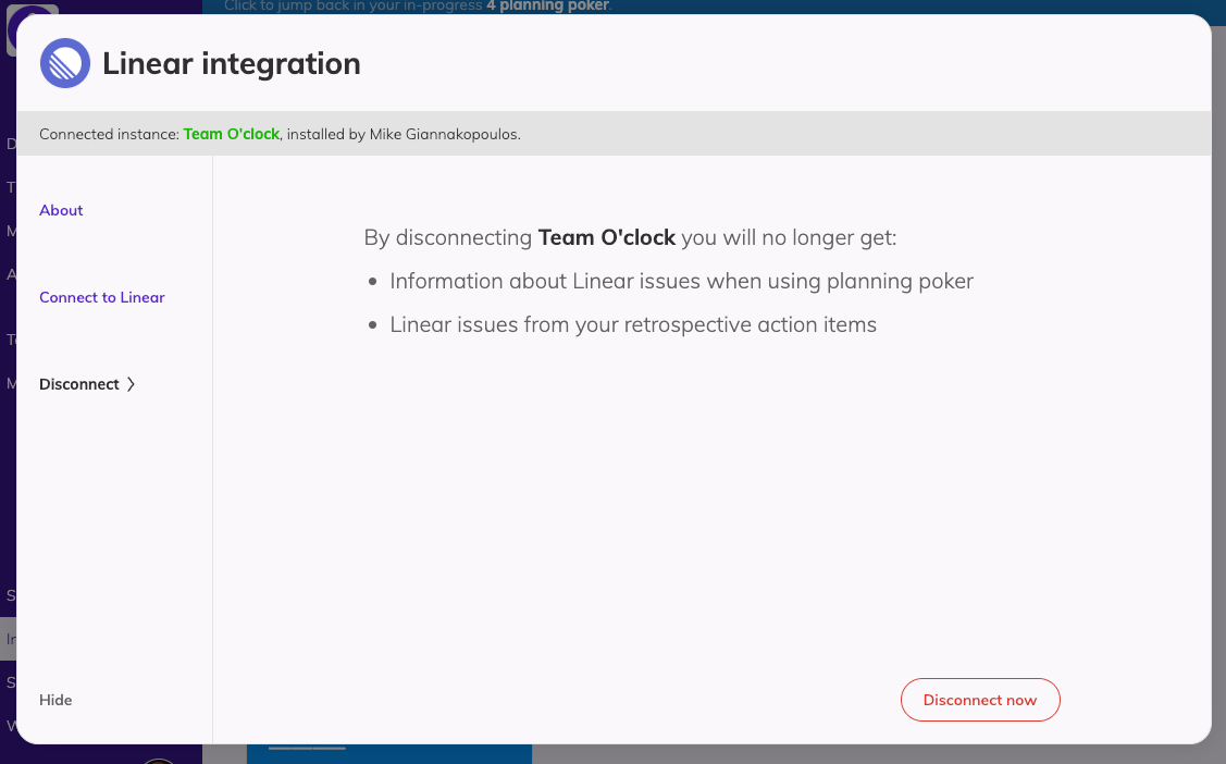 The Linear integration modal in Team O'clock. The Disconnect view is selected informing on what will happen after a disconnection. There is a button reading Disconnect now.