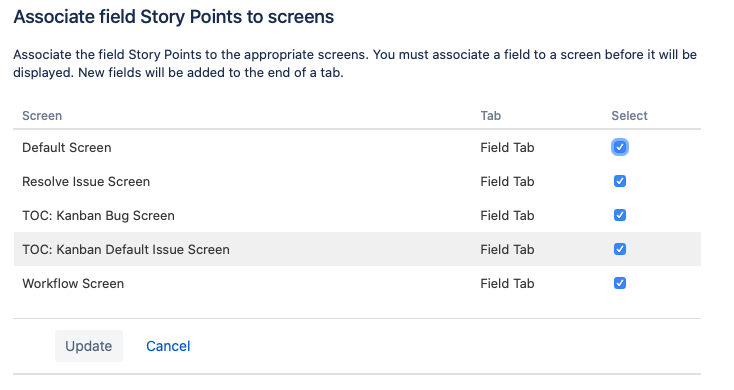 Jira settings list of associated field Story Point screens with Team O'clock listed