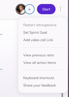 The retrospective dropmenu with options to Restart the retrospective, Set Sprint Goal, Add Video call link, View Previous retro, View action items, Keyboard shortcuts, and share feedback