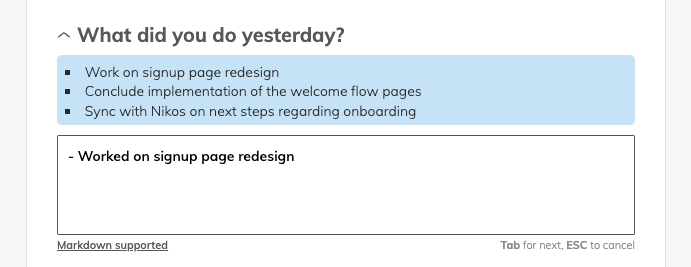 A question for What did you do yesterday is expanded. There is a highlighted section with notes from a previous day