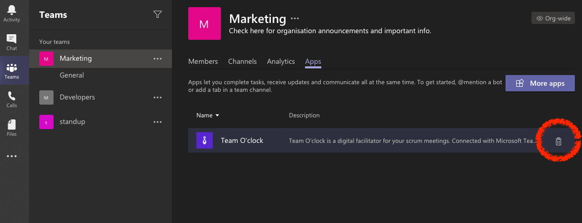 The Marketing team in Microsoft Teams is selected and the Apps tab is visible. There is the Team O'clock app listed and the trash icon is circled for the Team O'clock item