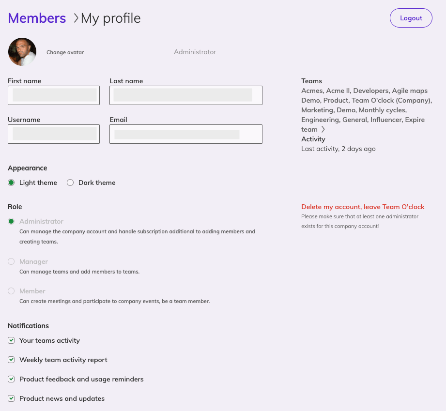 My profile in Team O'clock with options forr editing name, surname, username, email, notifications and deleting account.