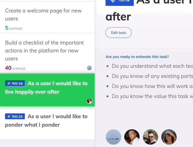 A preview of the task lists in a planning poker meeting, the cursor clicks and drags one of the tasks to a different position in the list