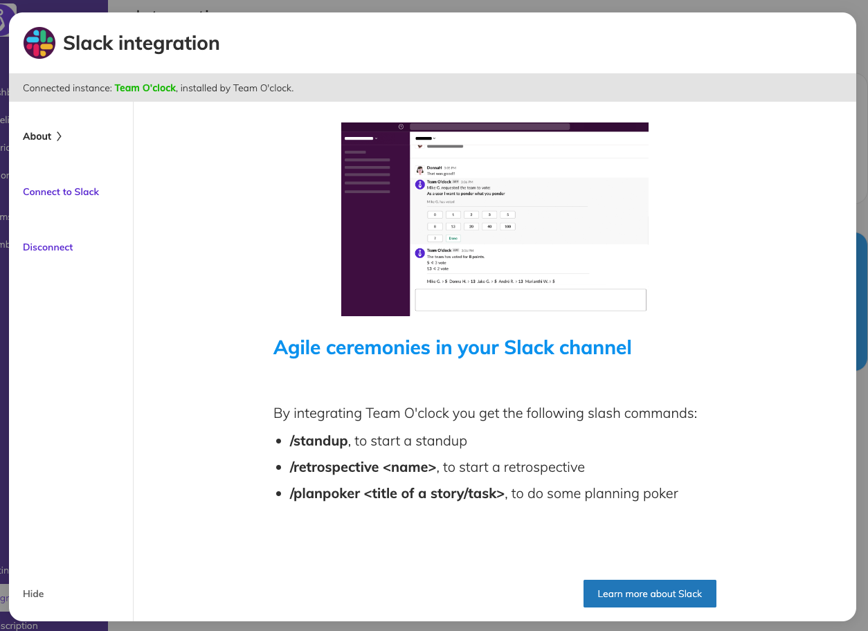 A modal showing the benefits of Slack and Team O'clock integration 
