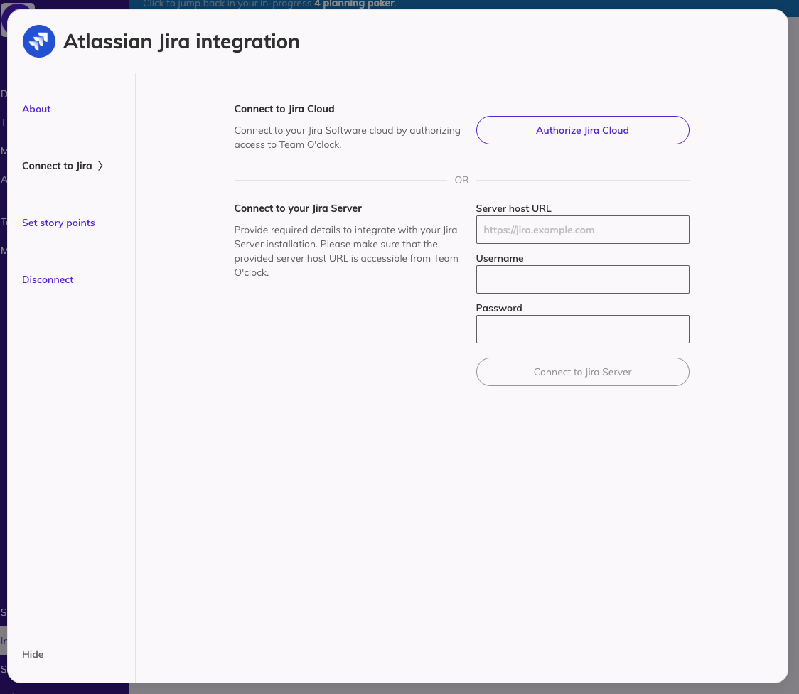 The Jira integration modal with the connect to jira view selected. The visible options offer Authorization with Jira Cloud, or connect to Jira Server with inputs for Server host, username and password