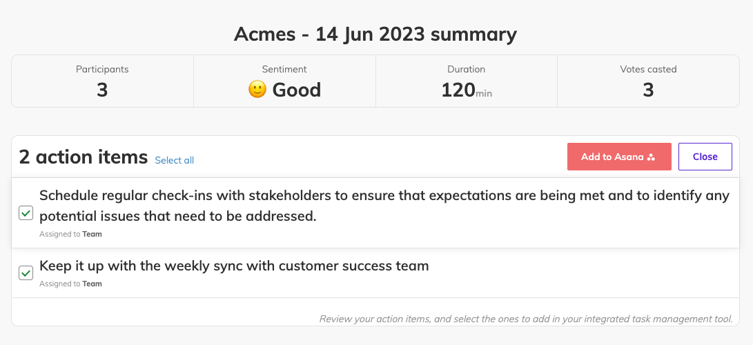 The retrospective summary view with two action items selected and an Add to Asana button visible