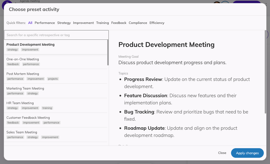 Modal of preset activities for the Agenda meeting holding ideas for 1-on-1, Product Development Meeting, Post Mortem, Marketing team and HR team meetings and more