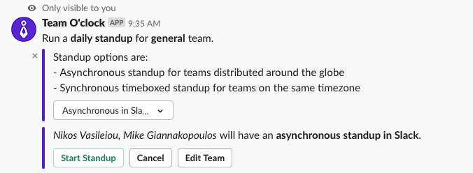 A Team O'clock message in Slack for starting a standup. There is a dropdown for async or sync standup, and options for Starting standup, Cancel, or editing team members