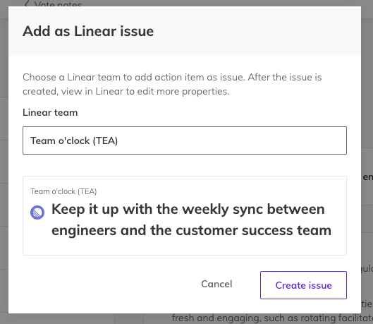 A modal in Team O'clock retrospective to provide the Linear team to add an action item to, there is also visible a preview of the created Linear issue