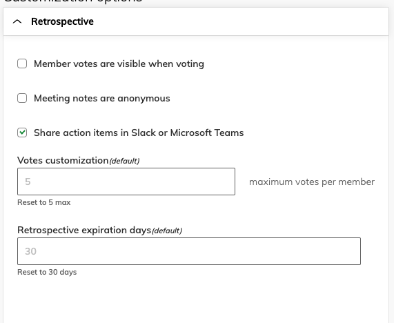 The retrospective settings for a team with checkboxes for team votes visibility, anonymous votes, sharing of action items in Slack or Microsoft Teams, setting votes per member, and updating the expiration days of an async meeting