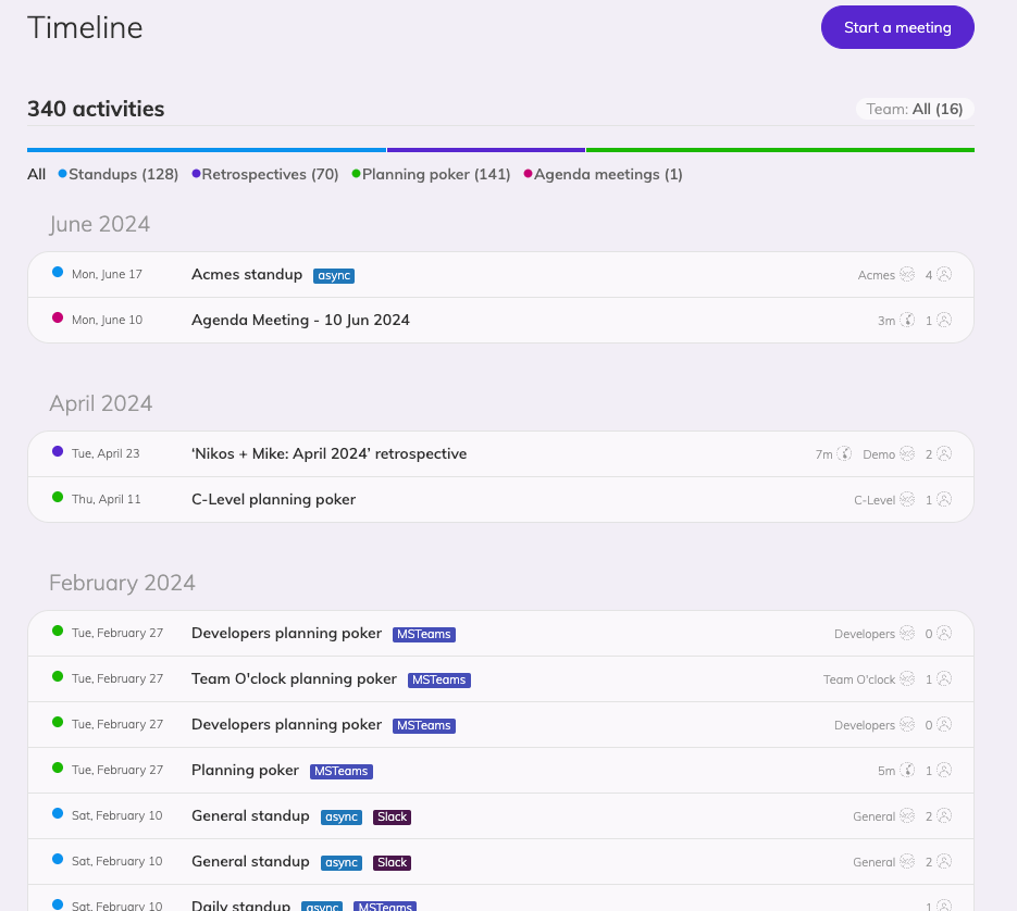 Timeline in Team O'clock showing a list of entries with a title a date title on top of timeline entries that are on the same dates. There is a header informing on the total number of events and a filter for teams.