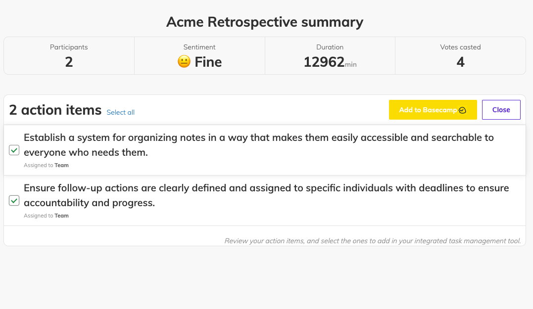 A retrospective summary view with two actioni items listed and selected with an Add to Basecamp button visible