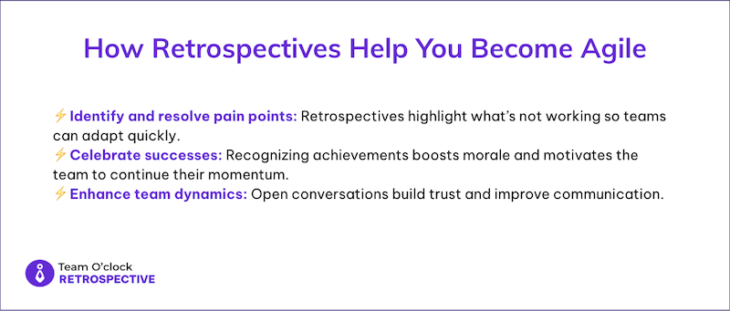 3 bullet points on the benefits of Retrospective for agile: Identify and resolve pain points, Celebrate successes, enhance team dynamics