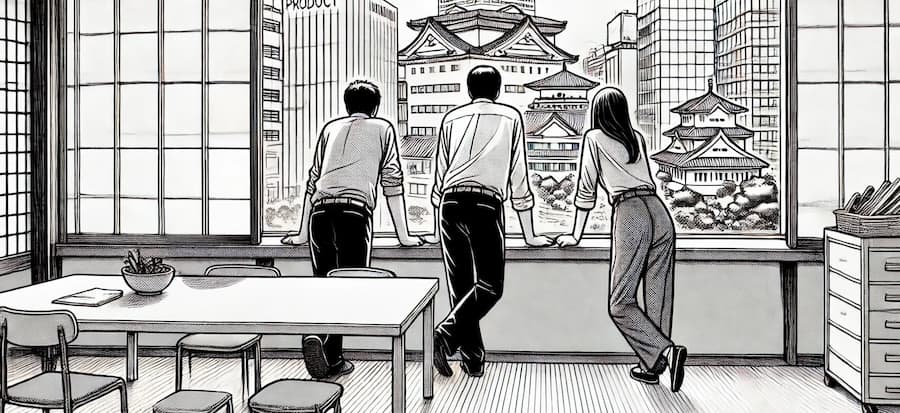 Three team members leaning to a window outlooking a japanese city from their meeting room.