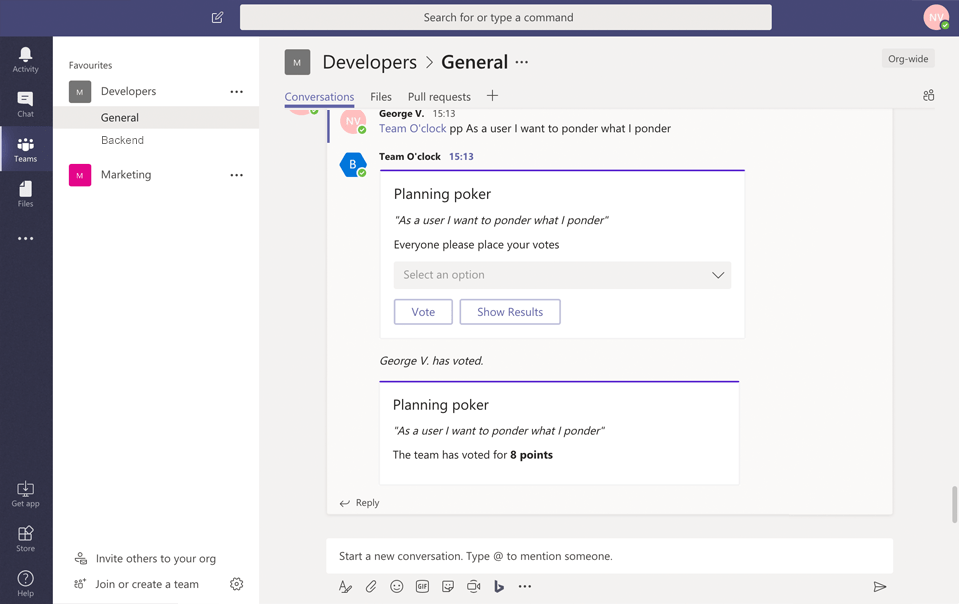 View of a channel in Microsoft Teams where a planning poker is triggered for a task. Task name and votes are visible in the channel