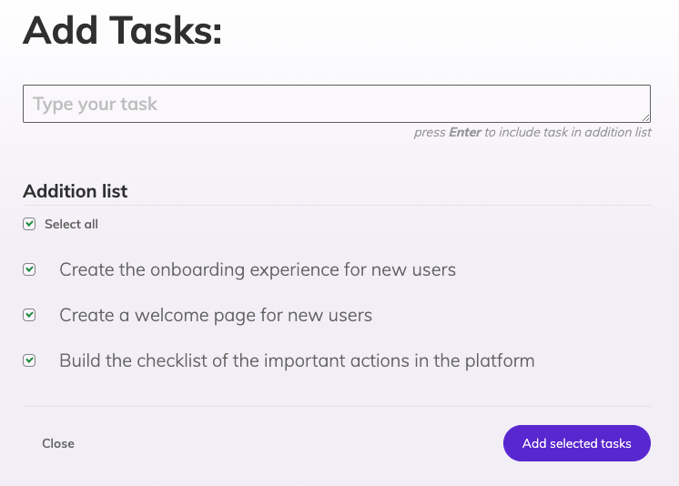 Planning poker manage tasks, with the input to add new tasks by typing