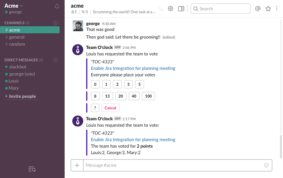 Slack view of a channel where a planning poker has started on a jira ticket by providing the jira number. The ticket title is visible above the vote options.